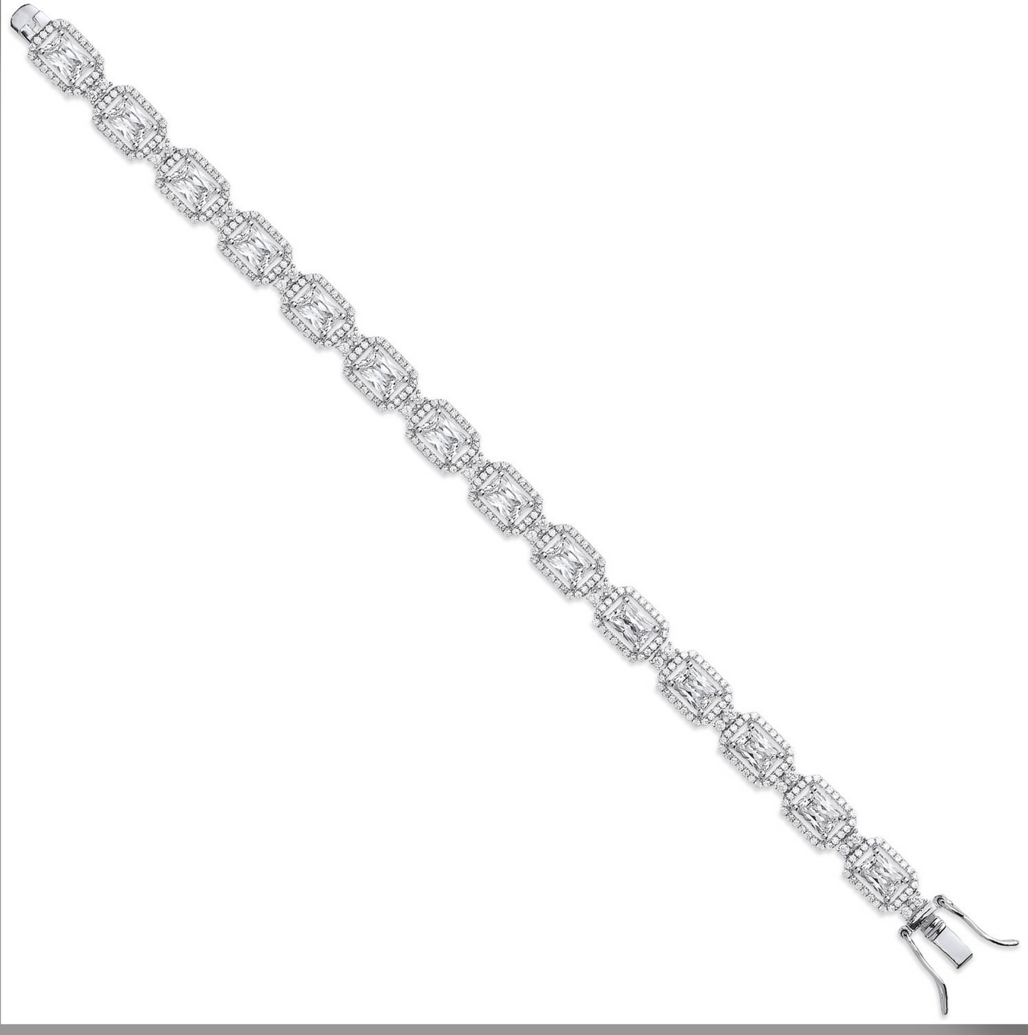 Silver Clear CZ Emerald Cut in a Halo Style Tennis Bracelet