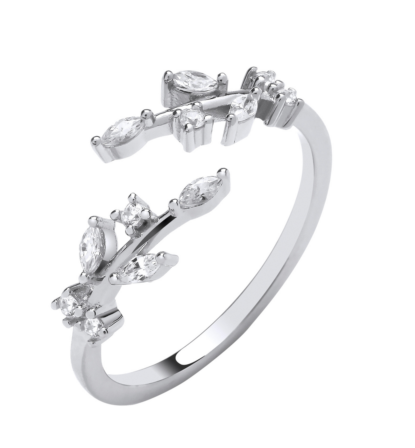 Silver Cross-Over Leaf Design CZs Ring 