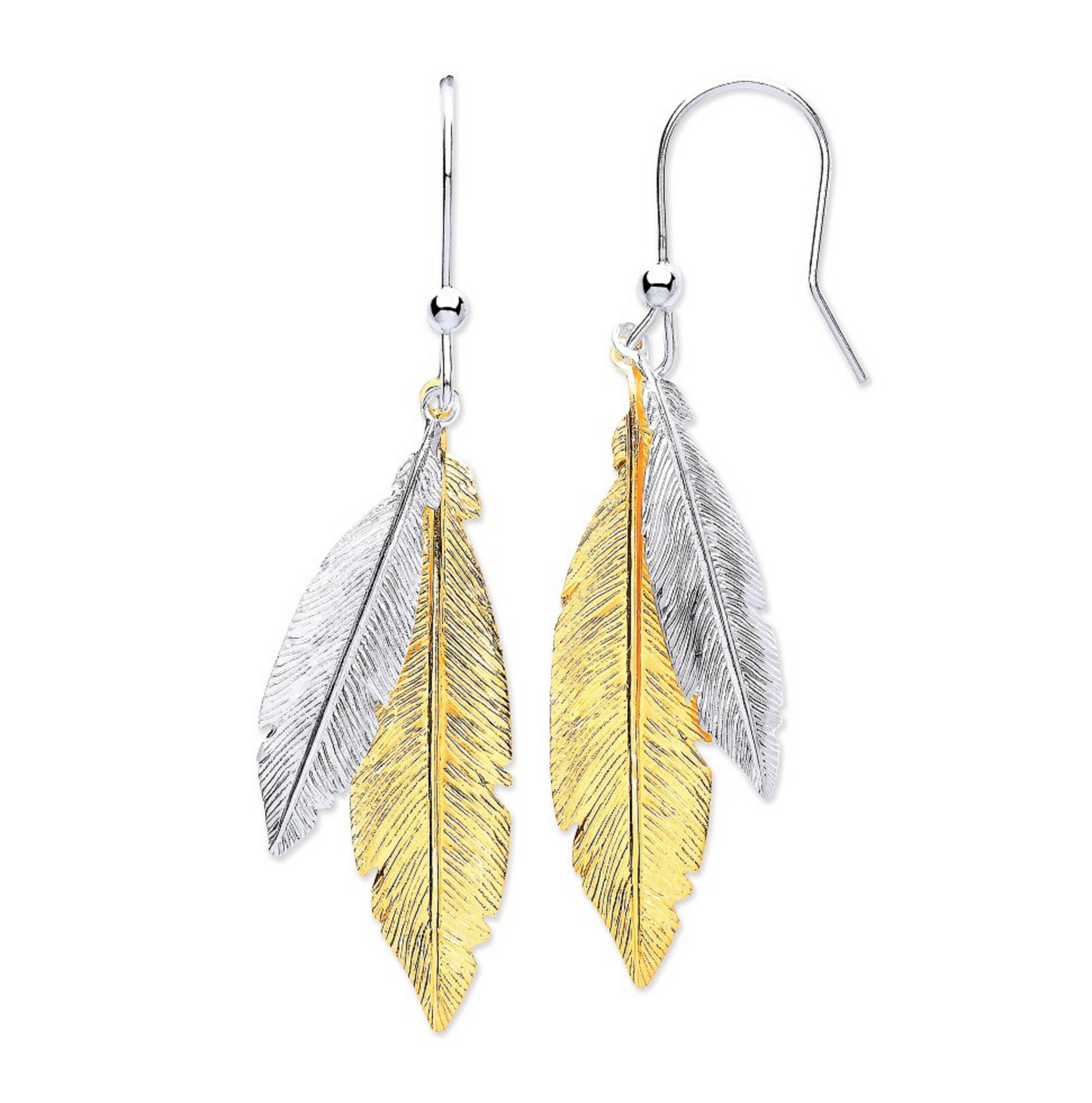 Silver & Gold Coated Feather Drop Earrings