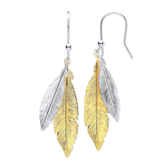 Silver & Gold Coated Feather Drop Earrings