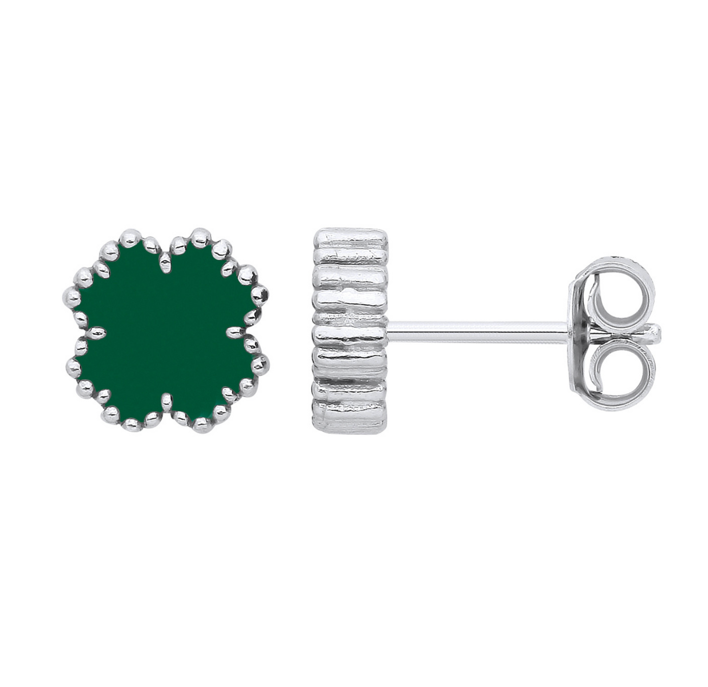 Silver GREEN Enamel Four Leaf Clover Studs