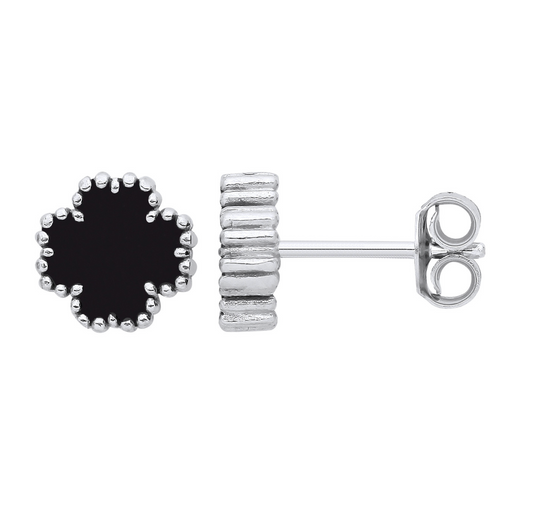 Silver BLACK Enamel Four Leaf Clover Studs
