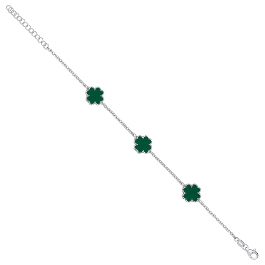 Silver GREEN Enamel Four-Leaf Clover Bracelet