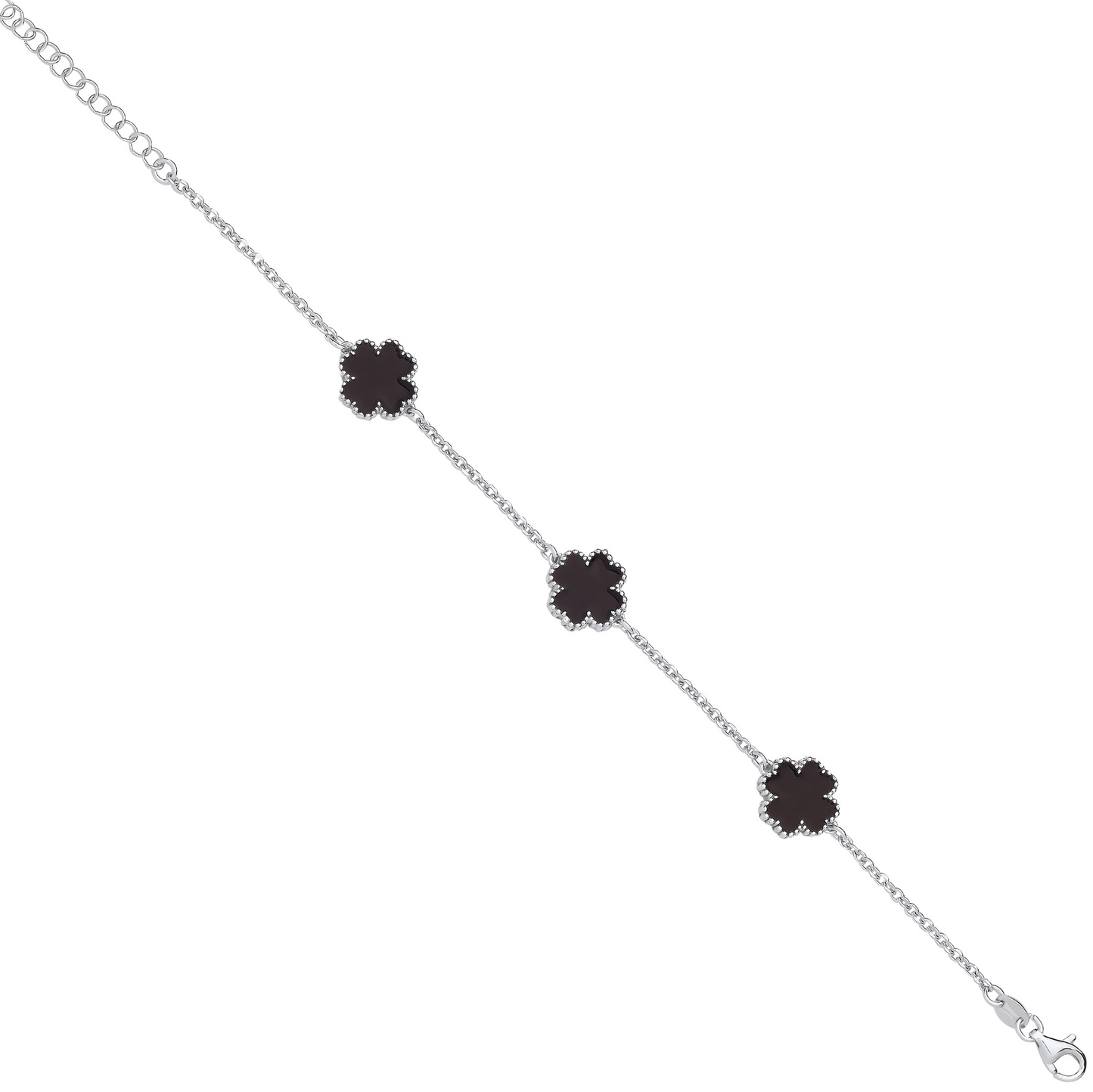 Silver BLACK Enamel Four-Leaf Clover Bracelet
