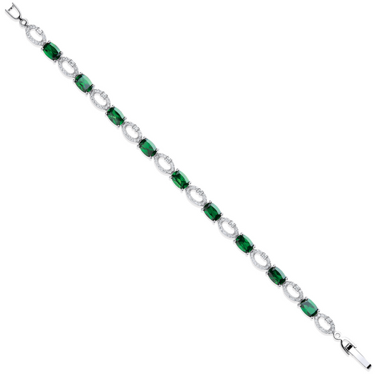 Silver Oval Cut Green & Clear CZs Tennis Bracele