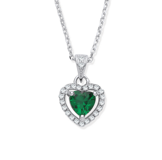 Silver Green CZ Halo Heart Pendant Necklace