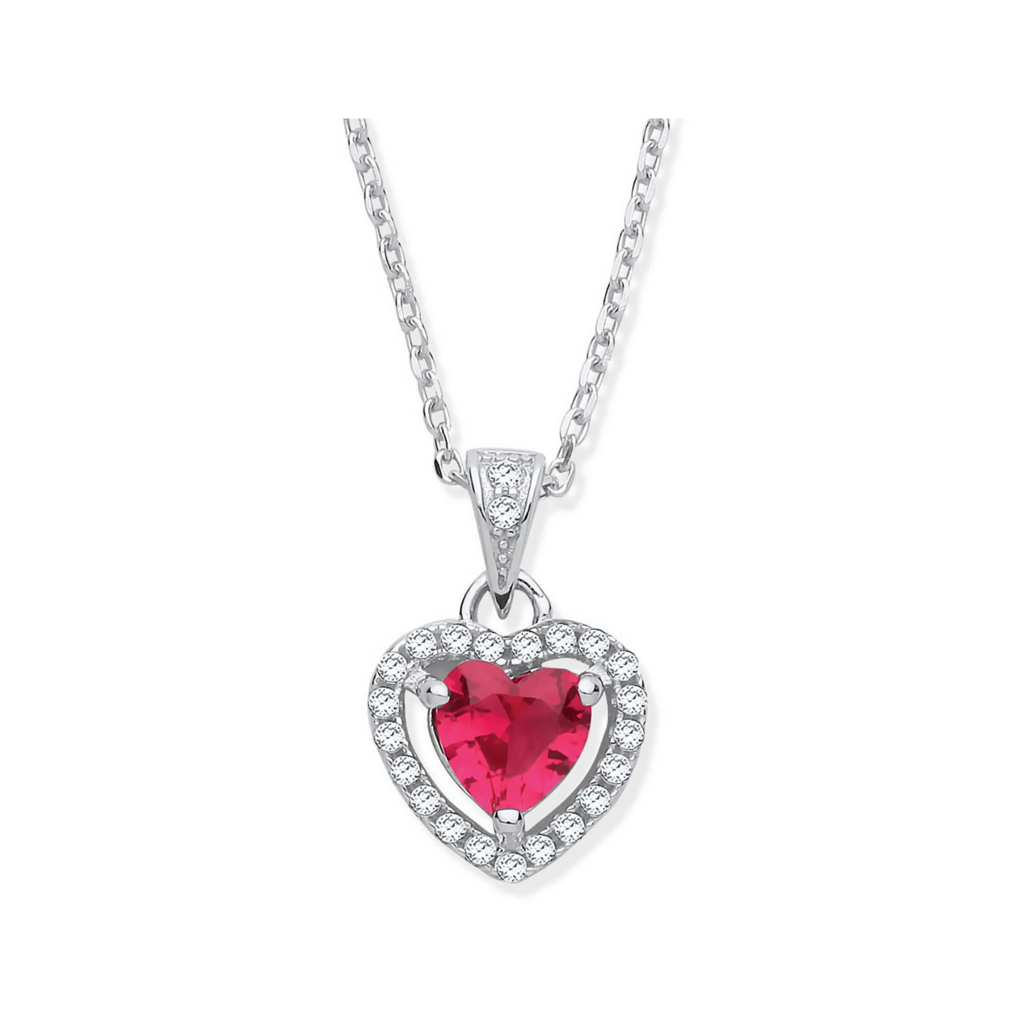 Silver Red CZ Halo Heart Pendant Necklace