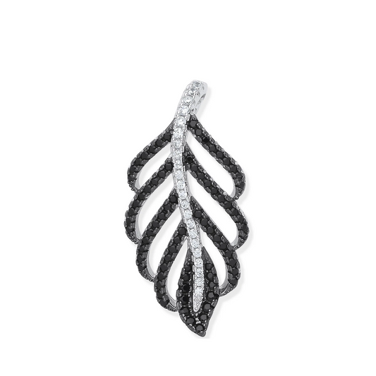 Silver Black & Clear CZ Leaf Drop Pendant